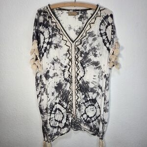 Skemo Embroidered Tie Dye Size M Boho Top Women's Beaded Tassel Hippie